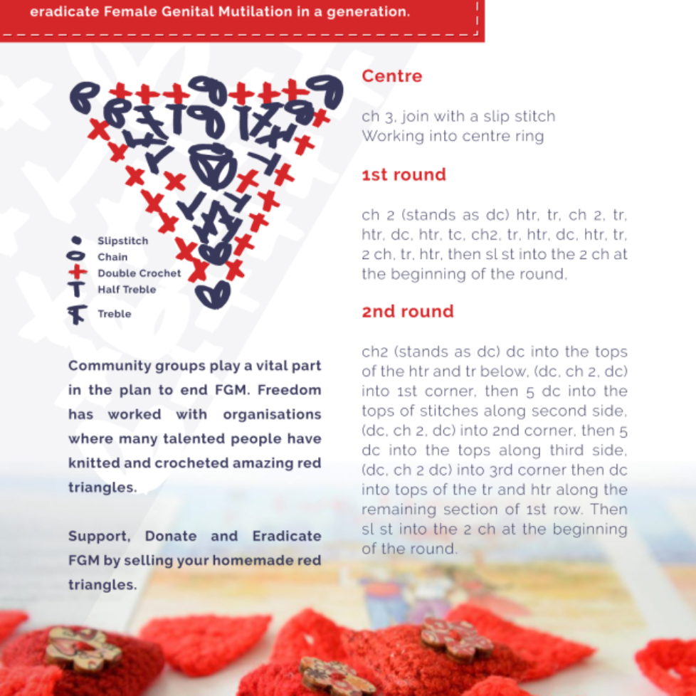 red triangle pattern, freedom charity knitting, cut flowers fgm, aneeta prem